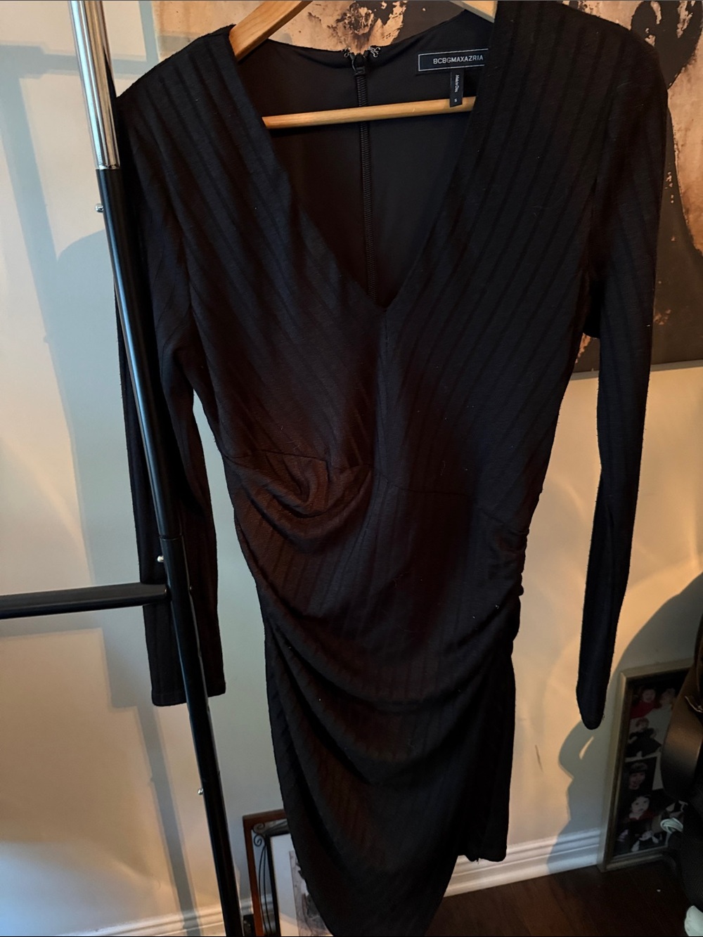 BCBGMaxAzria Black Long Sleeve V-Neck Ruched Dress